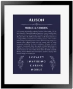 Alison personalized wall art with the story of your name in navy blue with black matte frame