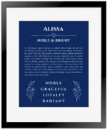 Alissa personalized name art with origin story in deep blue with black matte frame
