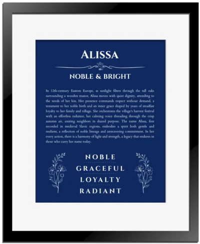 Alissa personalized name art with origin story in deep blue with black matte frame