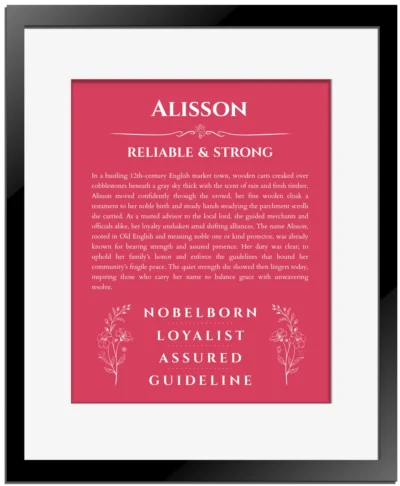Alisson name meaning gift print in red with black matte frame