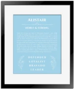 Alistair custom name meaning print in light blue with black matte frame