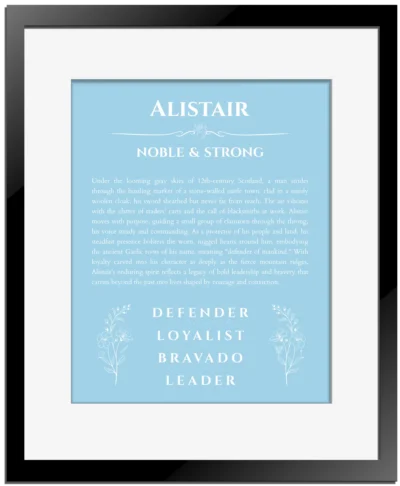 Alistair custom name meaning print in light blue with black matte frame