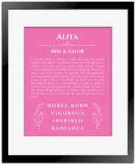 Alita personalized name art with origin story in pink with black matte frame