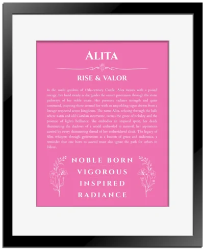 Alita personalized name art with origin story in pink with black matte frame