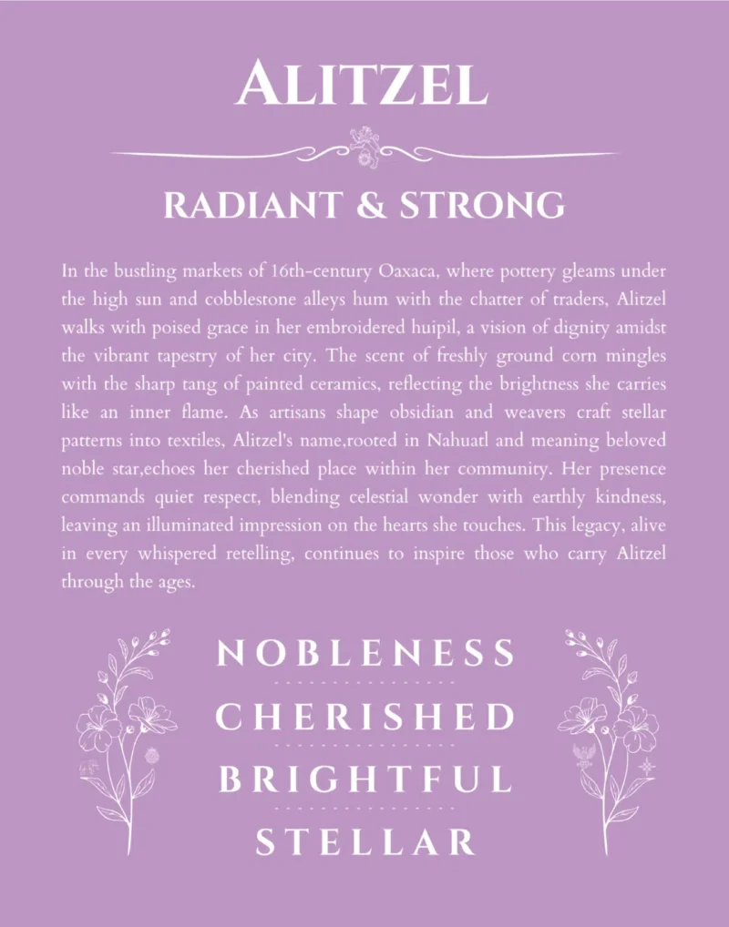 Alitzel personalized name print with origin and traits in light purple