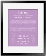 Alitzel personalized name print with origin and traits in light purple with black matte frame