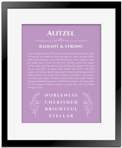 Alitzel personalized name print with origin and traits in light purple with black matte frame