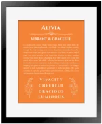 Alivia name meaning gift print in orange with black matte frame