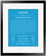 Aliyah personalized wall art with the story of your name in blue with black matte frame