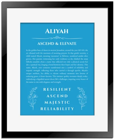 Aliyah personalized wall art with the story of your name in blue with black matte frame