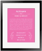Aliyana name meaning gift print in pink with black matte frame