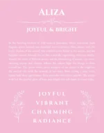 Aliza name origin print with meaning and traits in light pink