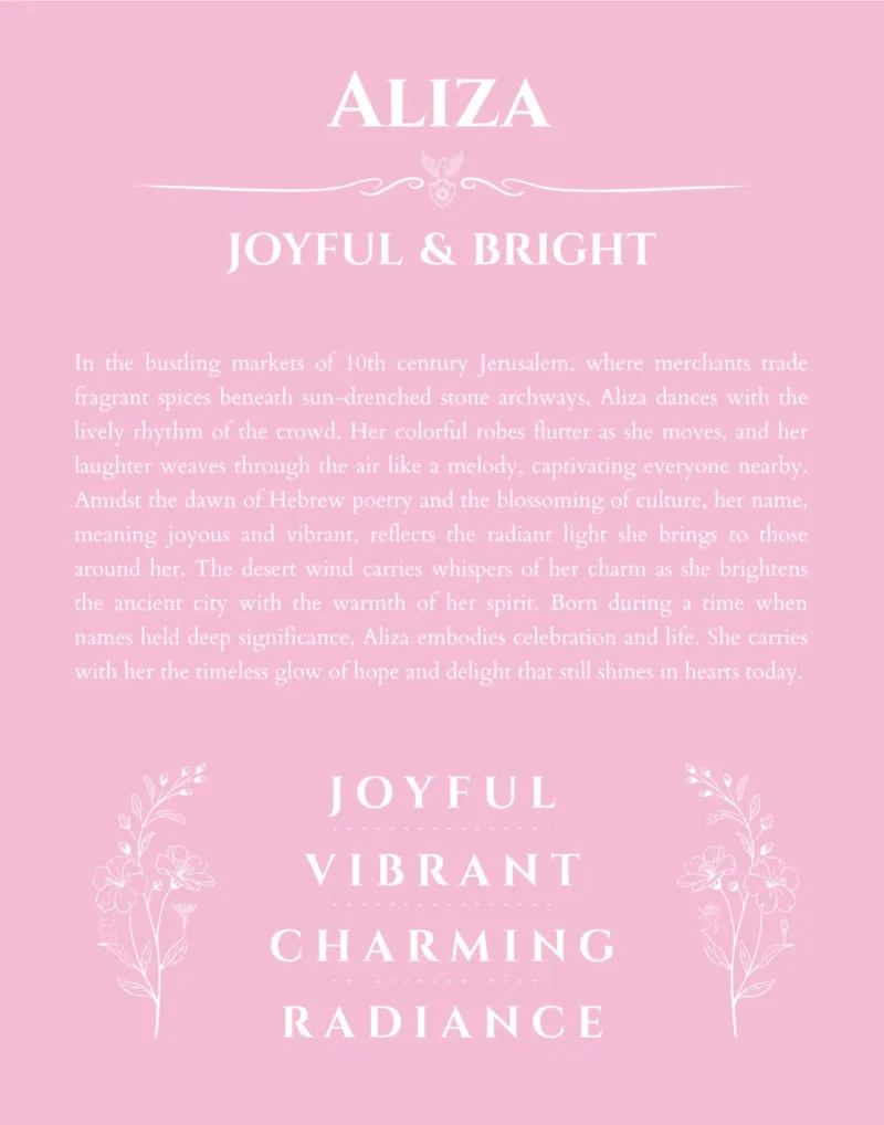 Aliza name origin print with meaning and traits in light pink