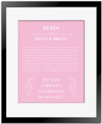 Aliza name origin print with meaning and traits in light pink with black matte frame