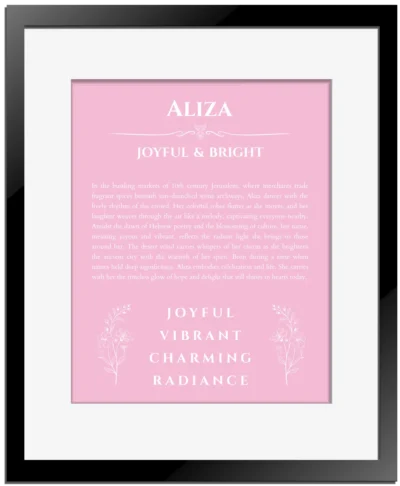 Aliza name origin print with meaning and traits in light pink with black matte frame