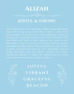 Alizah custom name art showing meaning and origin in light blue