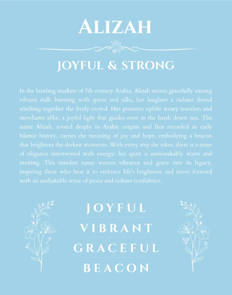 Alizah custom name art showing meaning and origin in light blue
