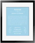 Alizah custom name art showing meaning and origin in light blue with black matte frame