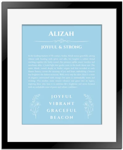 Alizah custom name art showing meaning and origin in light blue with black matte frame