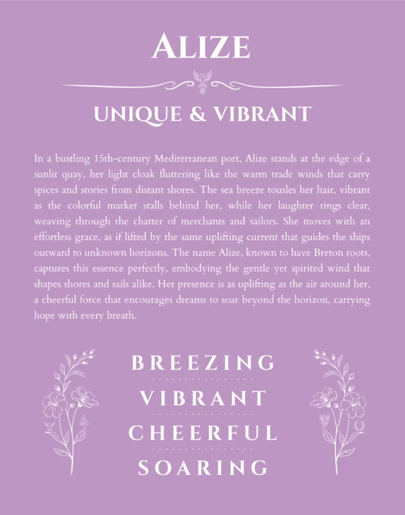 Alize name origin print with meaning and traits in light purple