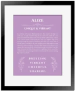 Alize name origin print with meaning and traits in light purple with black matte frame