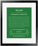 Allan name meaning wall art by Get Your Story in dark green with black matte frame