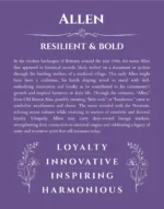 Allen personalized name print with origin and traits in purple