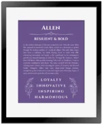 Allen personalized name print with origin and traits in purple with black matte frame
