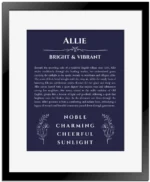 Allie custom name art showing meaning and origin in navy blue with black matte frame