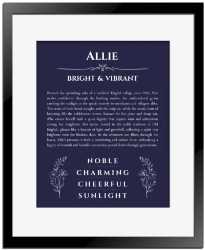 Allie custom name art showing meaning and origin in navy blue with black matte frame