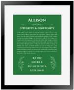 Allison custom name print for wall display in dark green with black matte frame