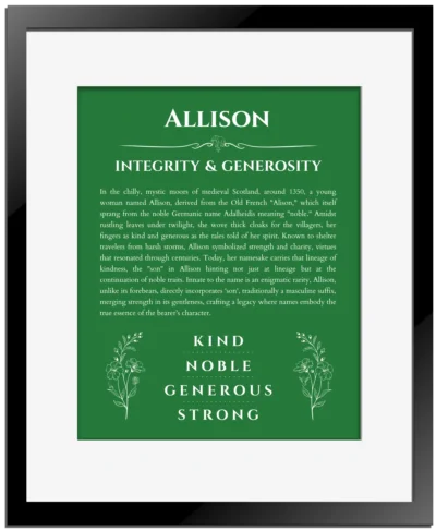 Allison custom name print for wall display in dark green with black matte frame