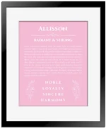 Allisson personalized wall art with the story of your name in light pink with black matte frame