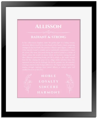 Allisson personalized wall art with the story of your name in light pink with black matte frame