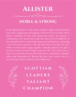 Allister personalized name print with origin and traits in pink