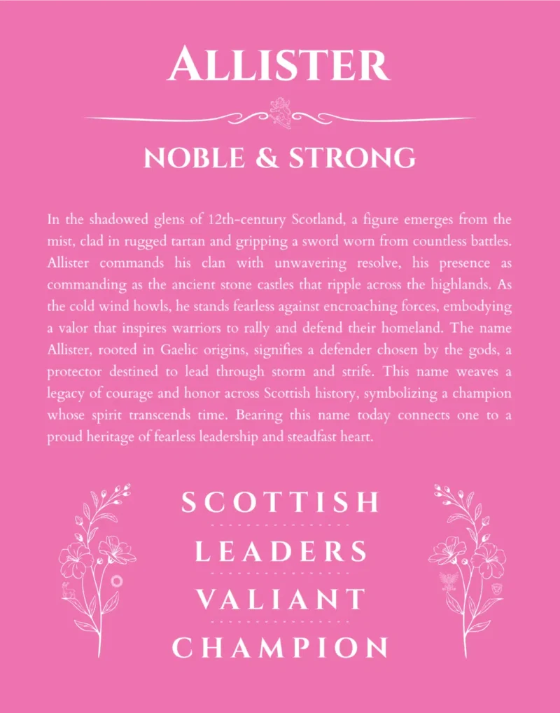 Allister personalized name print with origin and traits in pink