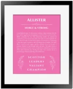 Allister personalized name print with origin and traits in pink with black matte frame