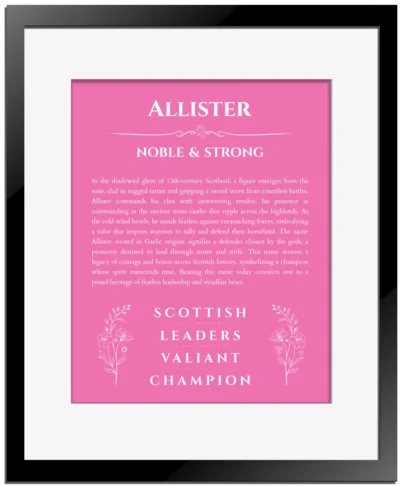 Allister personalized name print with origin and traits in pink with black matte frame