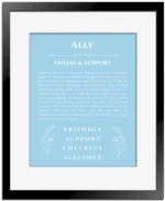 Ally name meaning wall art by Get Your Story in light blue with black matte frame