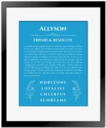 Allyson name meaning gift print in blue with black matte frame