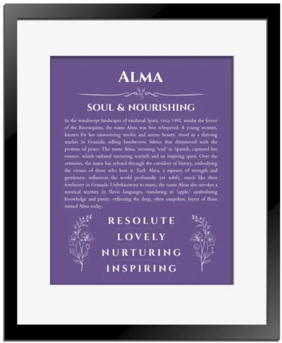 Alma custom name print for wall display in purple with black matte frame