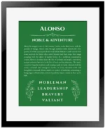 Alonso personalized name meaning print in dark green with black matte frame
