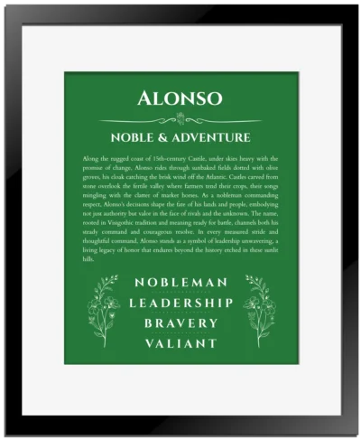 Alonso personalized name meaning print in dark green with black matte frame
