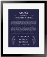 Alora personalized wall art with the story of your name in navy blue with black matte frame