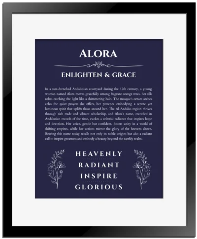 Alora personalized wall art with the story of your name in navy blue with black matte frame