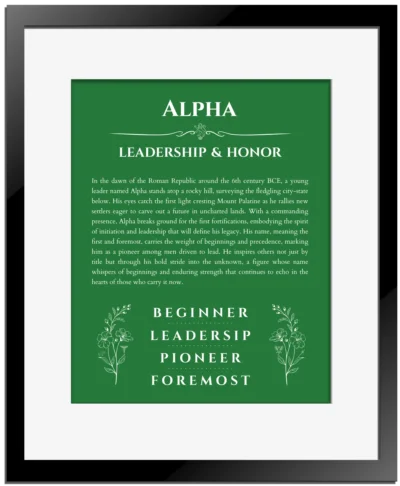 Alpha personalized name meaning print in dark green with black matte frame
