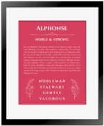 Alphonse personalized wall art with the story of your name in red with black matte frame
