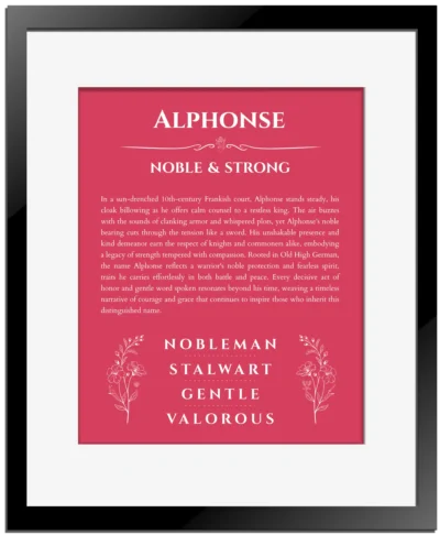 Alphonse personalized wall art with the story of your name in red with black matte frame