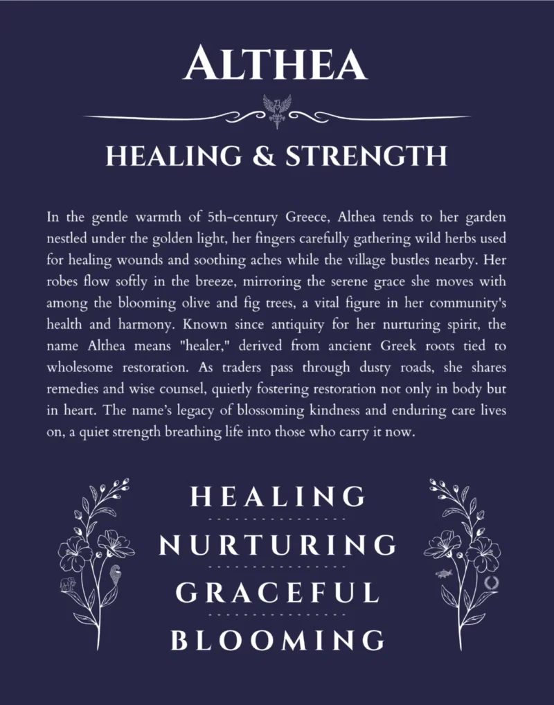 Althea personalized name art with origin story in navy blue