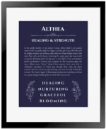 Althea personalized name art with origin story in navy blue with black matte frame